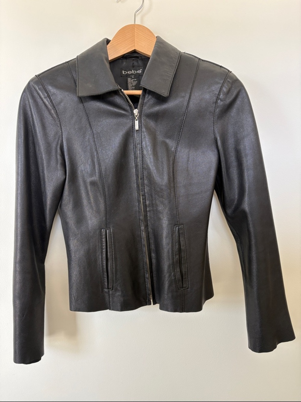 bebe Black Leather Zip-Up Jacket